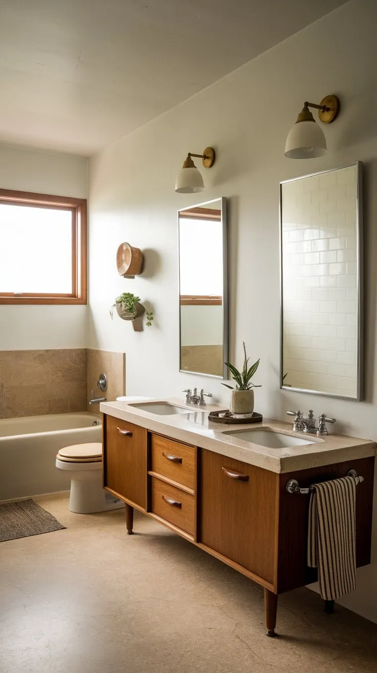 Warm beige tones and mid-century modern wood accents create a serene and stylish bathroom retreat