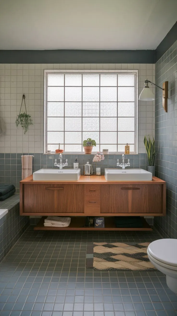 Clean lines and warm wood define this mid-century modern bathroom's double vanity, complemented by tiled walls and a gridded window