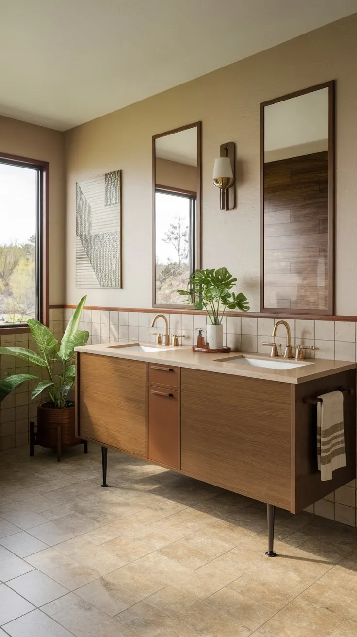 A double vanity, beige tile, and pops of green plants define this tranquil mid-century modern bathroom.
