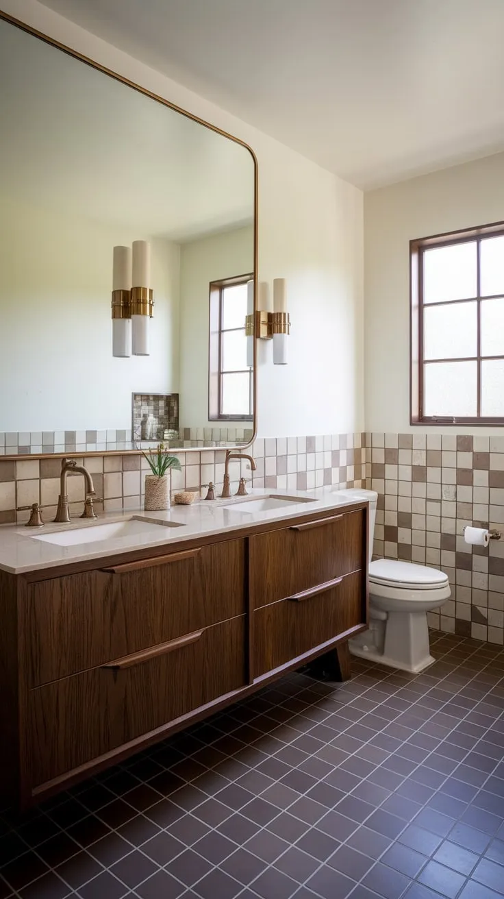Geometric tile and crisp white walls complete the retro-chic primary bathroom.
