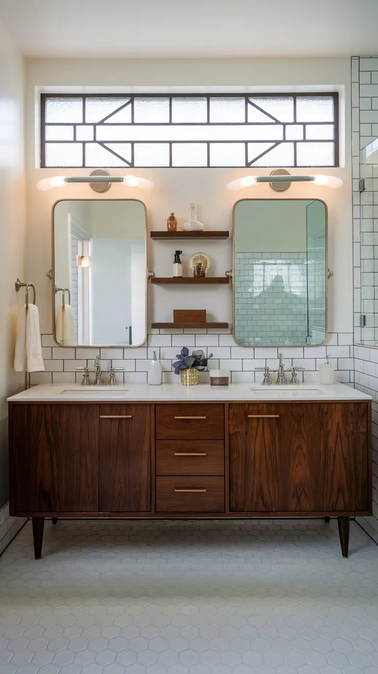 A mid-century modern master bath boasts a dark wood double vanity, white tile, and stylish window detailing.