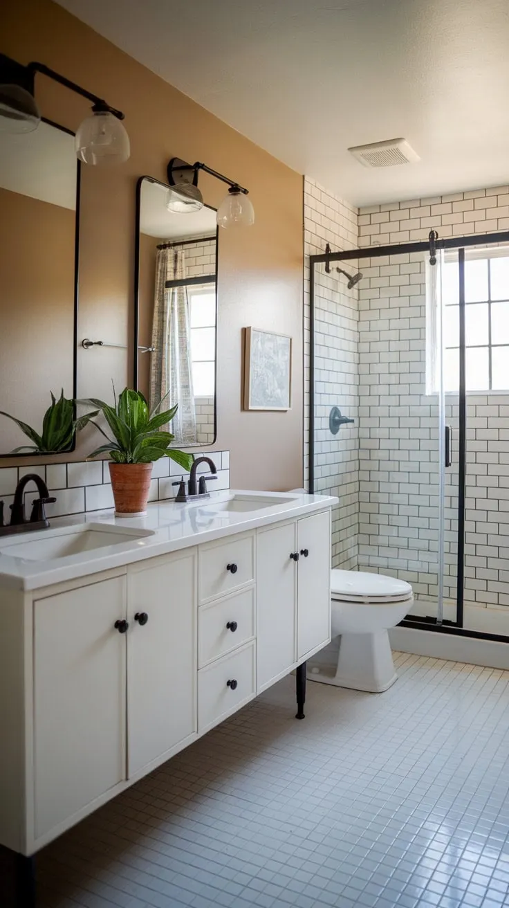 A double vanity, white tile, and a beige-walled haven create a serene mid-century modern bathroom retreat.