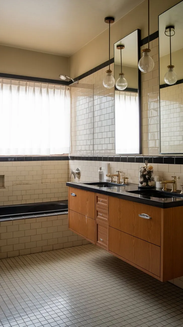 Sleek black and beige tiles, a double vanity, and a black bathtub define this mid-century modern bathroom's sophisticated style