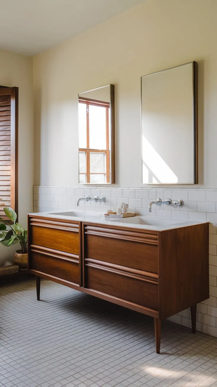 Dark wood double vanity and white walls create a classic mid-century modern bathroom retreat