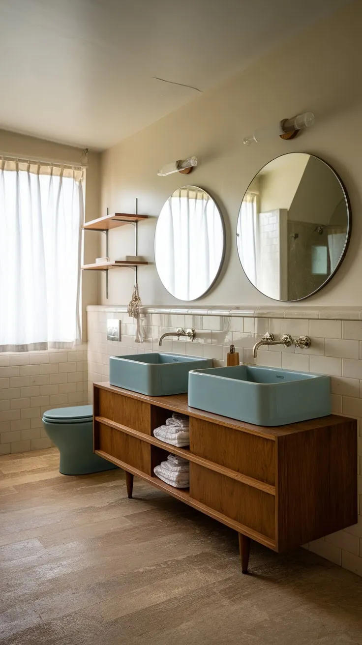 Powder blue sinks and warm wood create a serene mid-century modern bathroom retreat