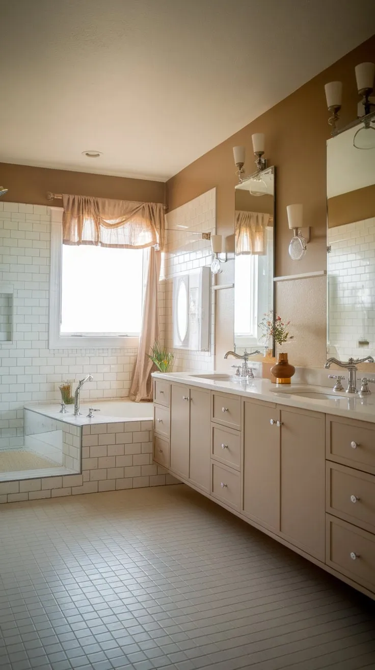 Beige and white create a serene mid-century modern master bathroom featuring a double vanity and classic fixtures.
