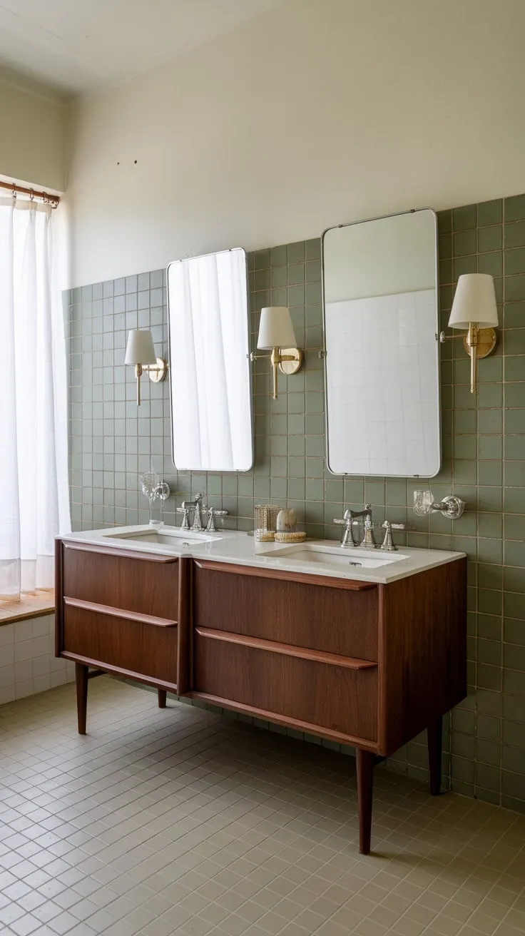 Sleek dark wood double vanity and green patterned tile create a minimalist mid-century modern bathroom oasis