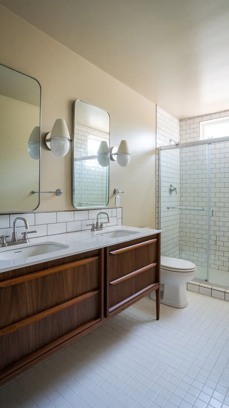 A dark wood double vanity, white tile, and subtle lighting create a sophisticated mid-century modern bathroom retreat.