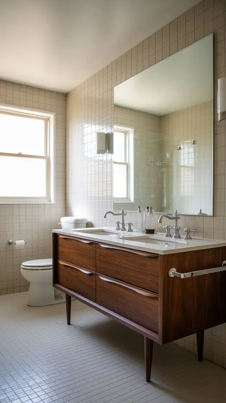 A mid-century modern bathroom boasts a dark wood double vanity, white tile floors, and beige-tiled walls creating a timeless elegance.