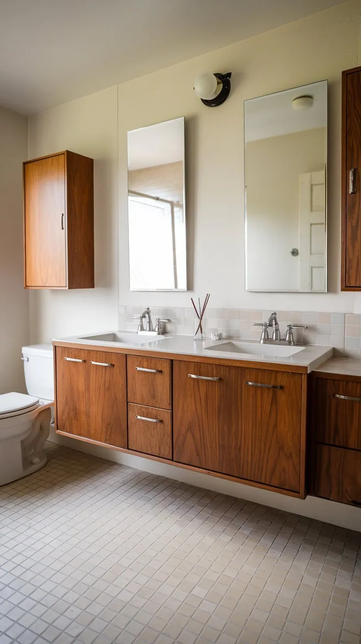 Sleek mid-century modern lines define this master bathroom, featuring a double vanity and patterned tile floor.