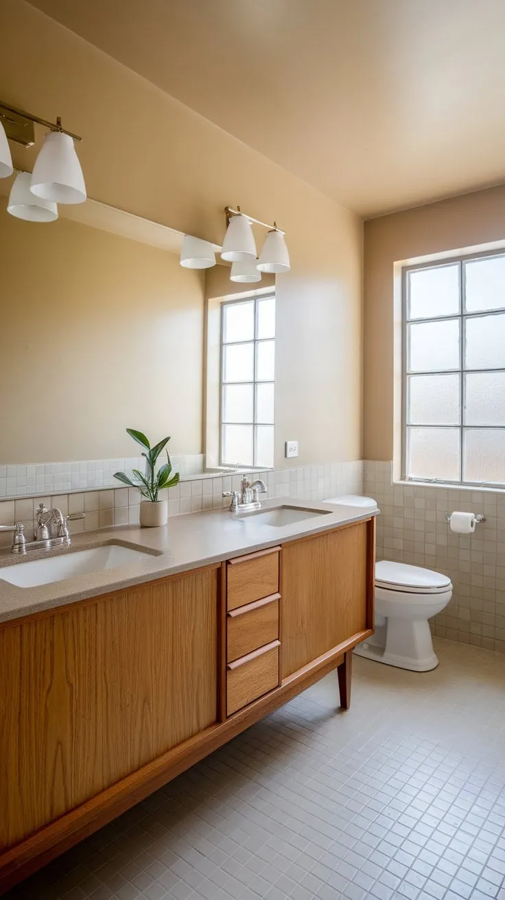 Clean lines and warm beige tones define this functional mid-century modern bathroom with a double wood vanity.