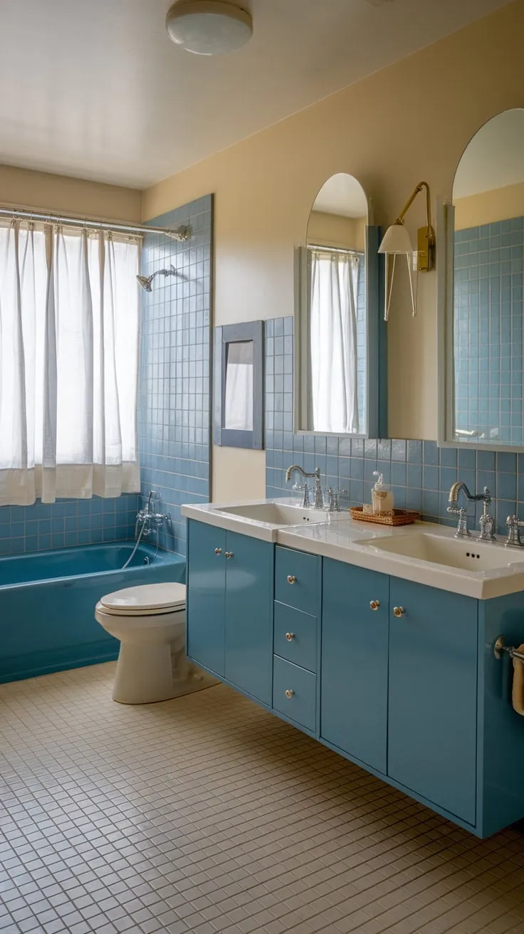 A stylish mid-century modern bathroom boasts a calming beige and blue palette, highlighted by a double vanity and a blue bathtub.