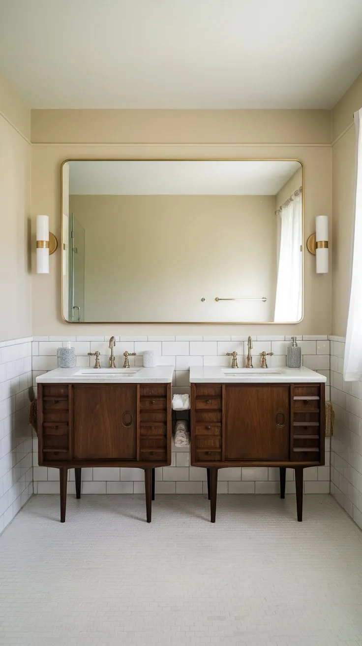 Clean lines and a muted palette define this mid-century modern bathroom, featuring a dark wood double vanity and brass-framed mirror.