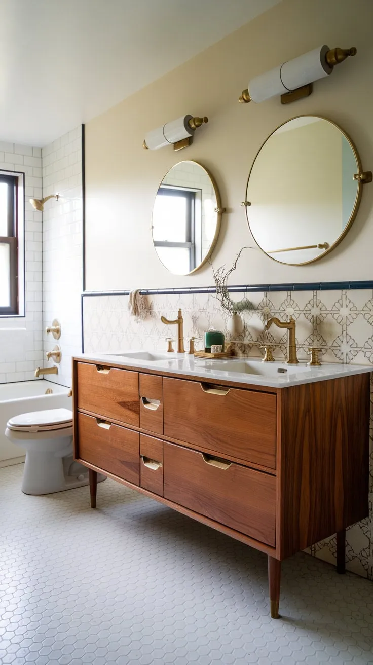 A double walnut vanity with brass hardware anchors this mid-century modern bathroom, complemented by hexagonal tiles and patterned wainscoting.