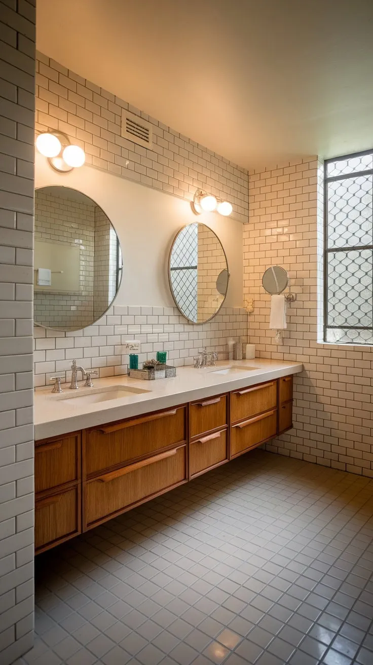 Warm lighting illuminates a mid-century modern bathroom's beige and white brick walls, double vanity, and tiled floor, creating a serene retreat.