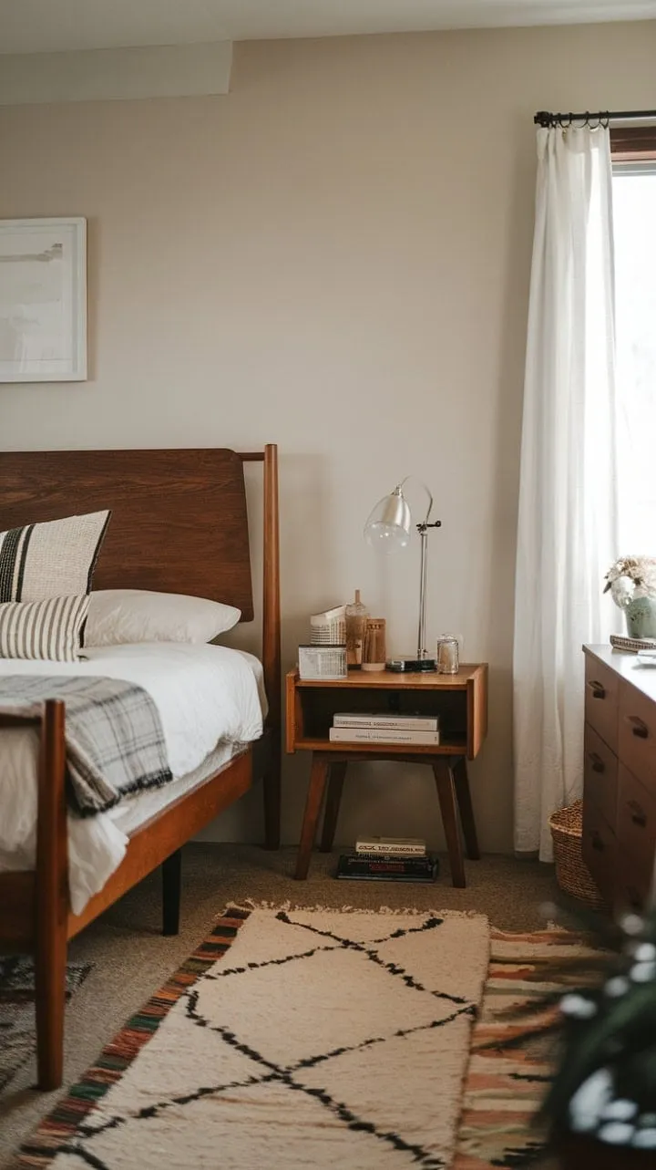 This mid-century modern bedroom harmoniously blends warm wood tones and soft textures with farmhouse charm, creating a serene haven illuminated by gentle light.