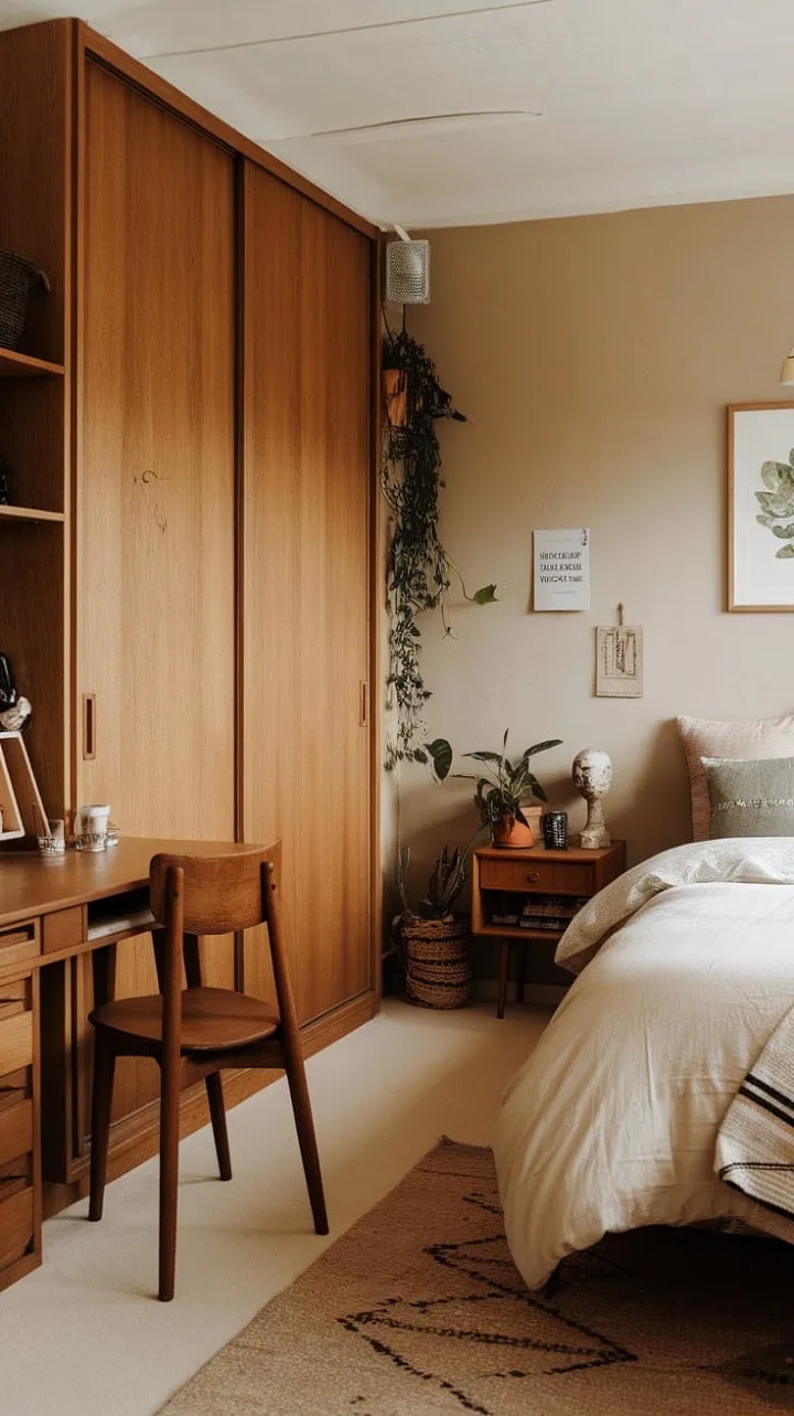 This bedroom harmoniously fuses mid-century modern and farmhouse charm, creating a serene sanctuary that inspires both calm contemplation and creative energy.