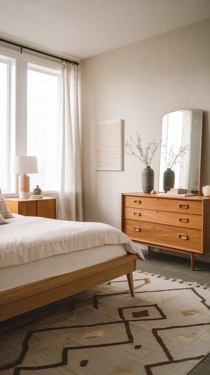 This mid-century modern bedroom, with its serene neutral palette and elegant details, invites tranquility and restful reflection.