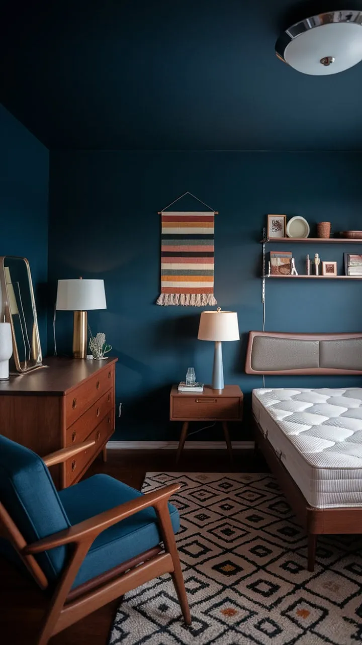 This mid-century modern bedroom, with its rich navy walls and curated decor, is a stylish sanctuary that effortlessly blends comfort and tranquility.