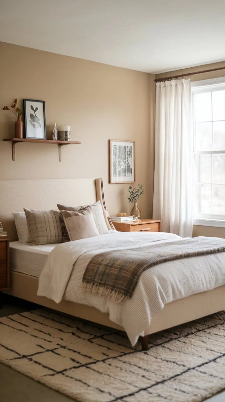 Bathed in sunlight, this mid-century modern farmhouse bedroom exudes tranquility with its plush rug, soft beige walls, and personal mementos, creating a serene retreat for relaxation.