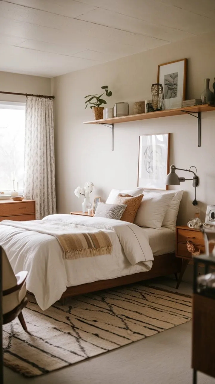 This serene bedroom harmoniously fuses mid-century modern elegance with Scandinavian simplicity, crafting a tranquil retreat that celebrates comfort and style.