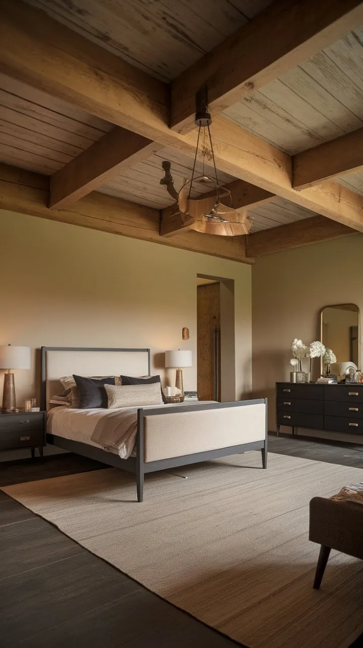 This serene bedroom sanctuary artfully combines mid-century modern elegance with farmhouse charm through warm beige walls, exposed wooden beams, and dark grey accents.