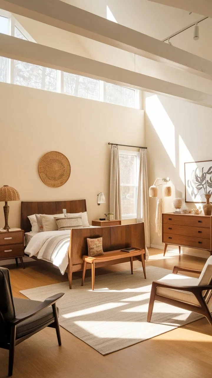 This serene bedroom harmoniously blends mid-century modern lines with farmhouse charm, creating a cozy haven bathed in warm sunlight and rich textures.