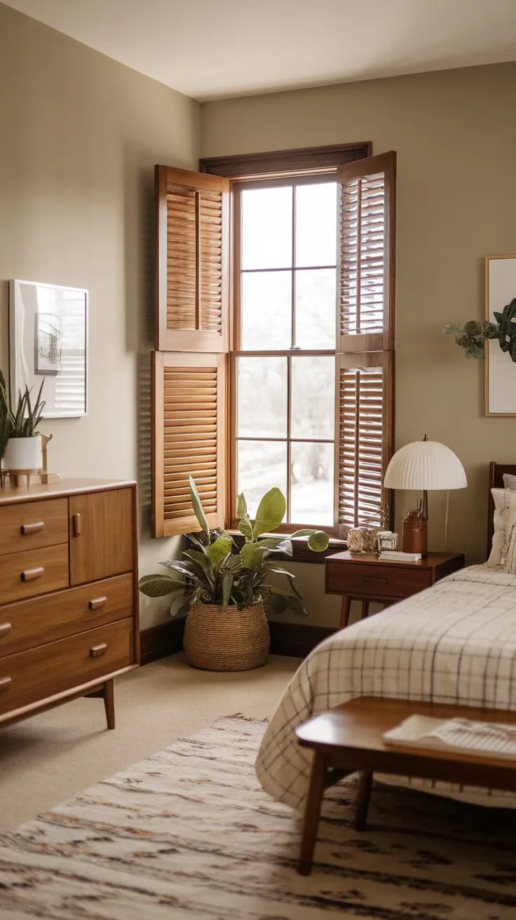 Soft hues and natural light create a calming mid-century modern bedroom with farmhouse charm.
