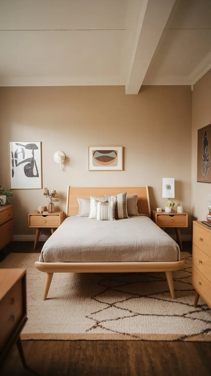 A queen bed, nightstands, and dresser furnish a calm mid-century modern bedroom, perfect for restful nights.