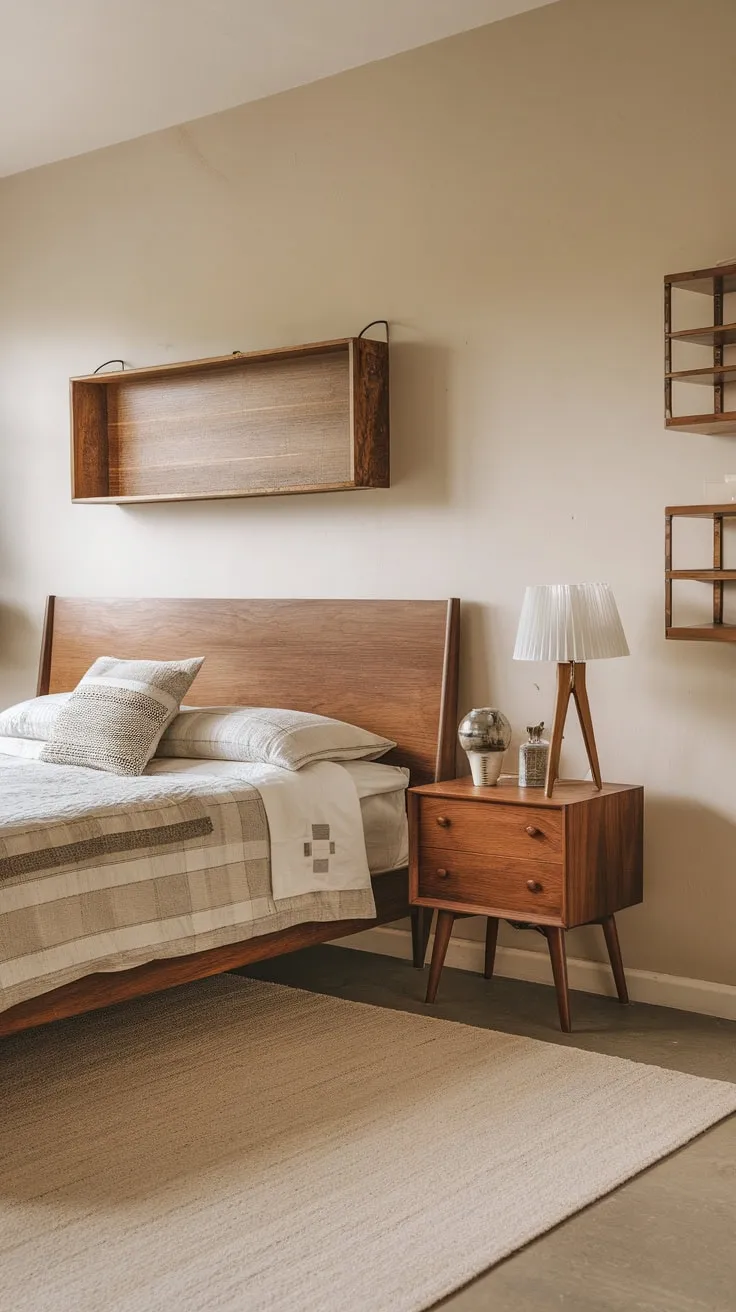 Light beige walls and a soft rug enhance the cozy ambiance of this mid-century modern bedroom with its unique blend of styles.