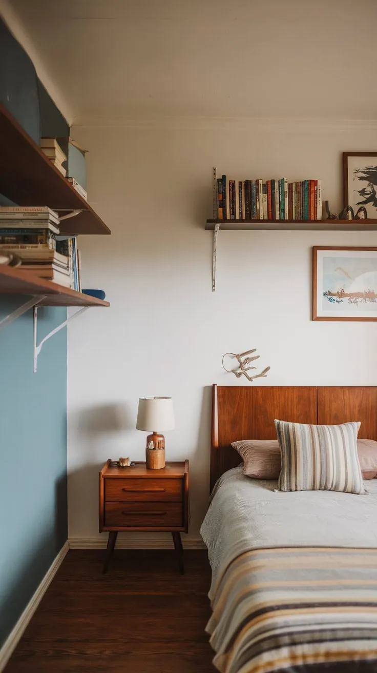 A white and blue accented bedroom features a wooden bed, nightstand, and shelving, showcasing a charming mid-century modern farmhouse aesthetic.