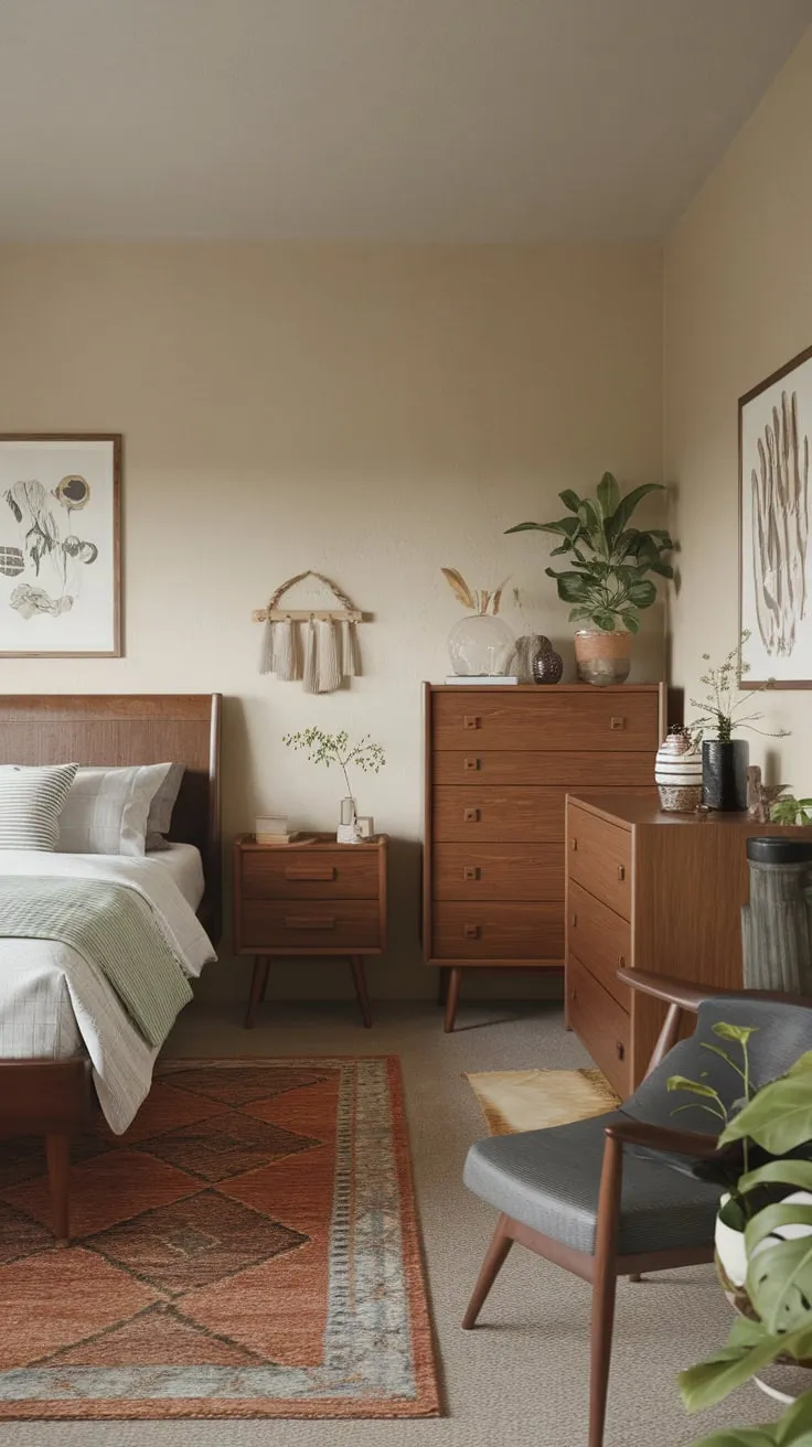 Calm beige walls and clean-lined wood furniture create a cozy mid-century modern farmhouse bedroom retreat