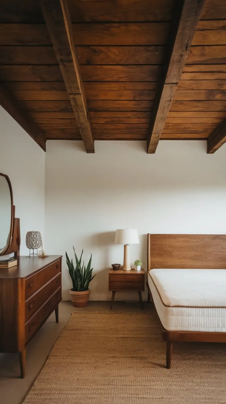 Warm wood tones and clean white lines create a serene mid-century modern bedroom sanctuary.