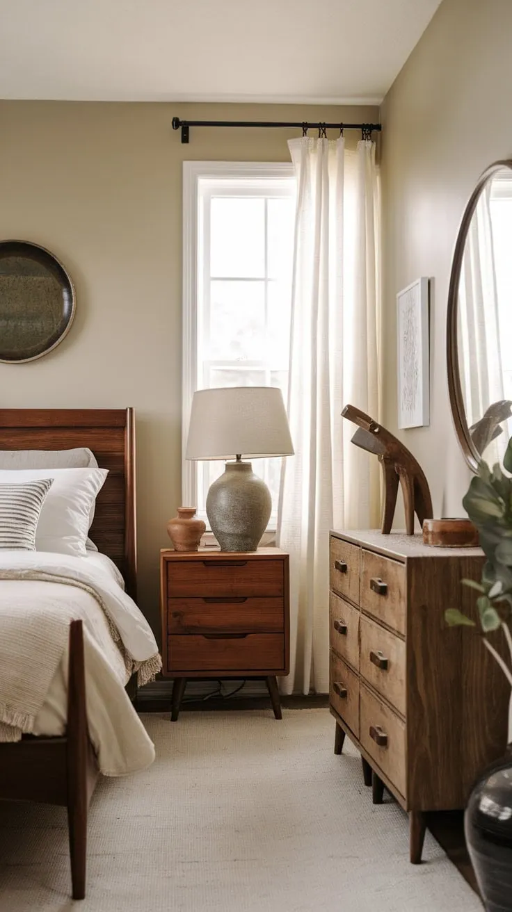 Beige walls and a light rug complement a calming mid-century modern bedroom featuring eclectic wooden furniture and vintage accents.