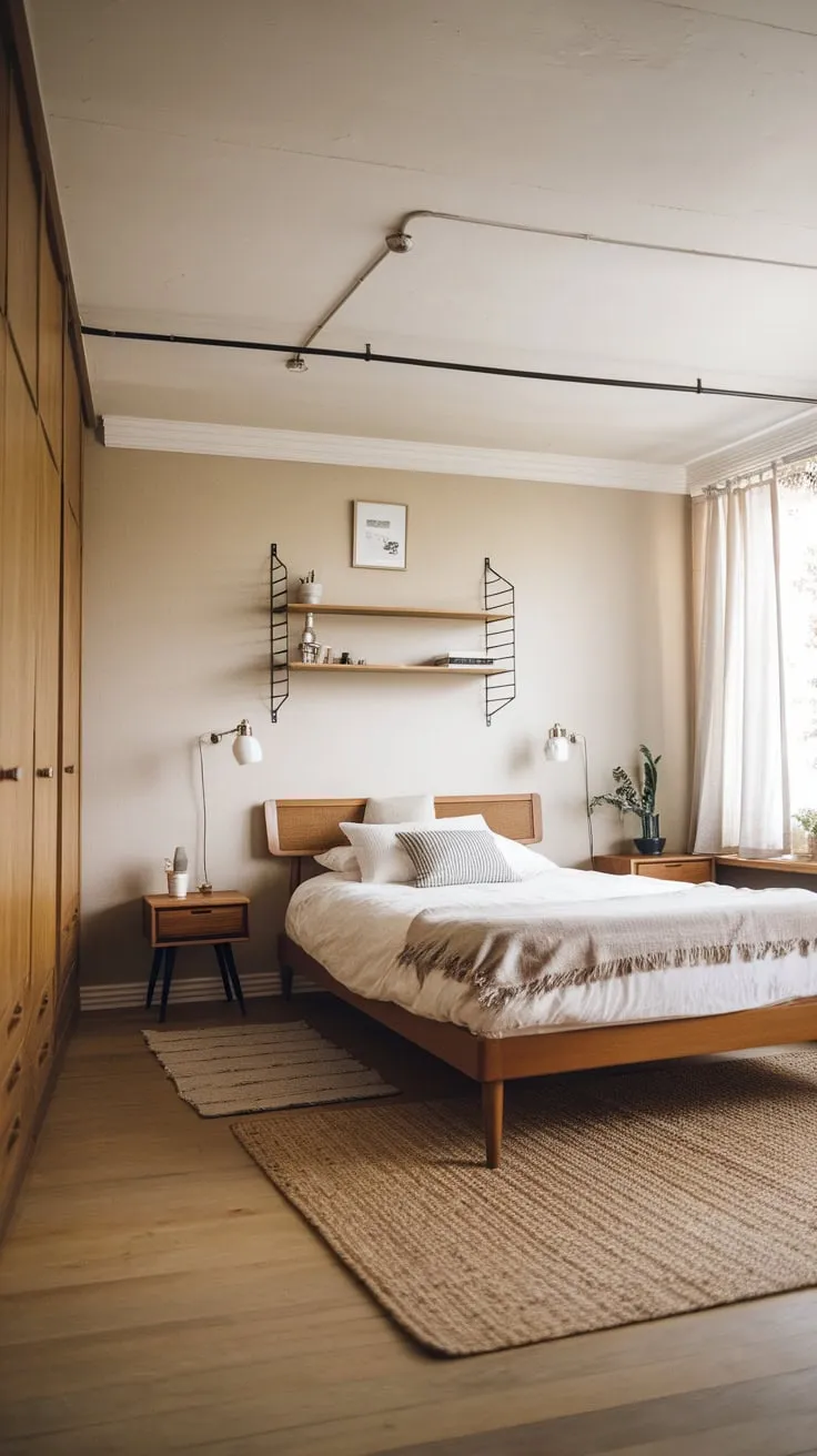 Cozy calm reigns in this mid-century modern bedroom, blending farmhouse charm and Scandinavian simplicity.