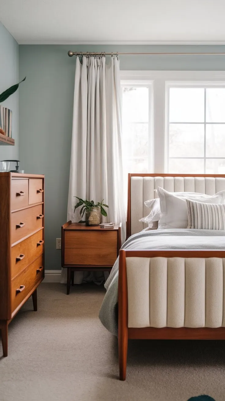 Light blue walls and a blend of mid-century and Scandinavian furniture create a calm, farmhouse-style bedroom retreat