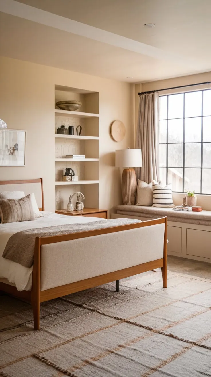 A mid-century modern bed anchors a light and airy bedroom, blending farmhouse charm with eclectic style.