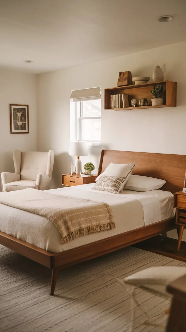 Warm lighting and soft textiles create a cozy mid-century modern bedroom with farmhouse charm, featuring a wooden platform bed and armchair.