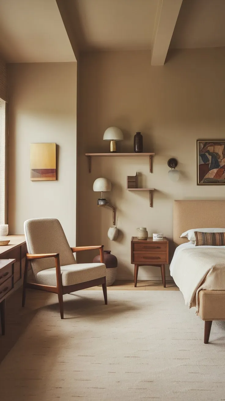 A serene mid-century modern bedroom features warm beige tones, light wood floors, and carefully chosen furniture for a peaceful atmosphere.