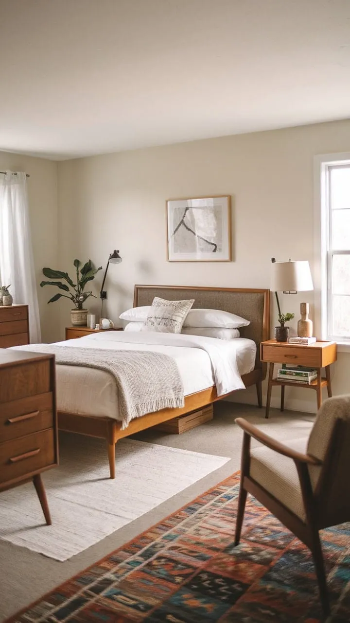Bathed in warm light, this mid-century modern bedroom harmoniously combines farmhouse charm and natural materials, creating a serene sanctuary of effortless style and comfort.