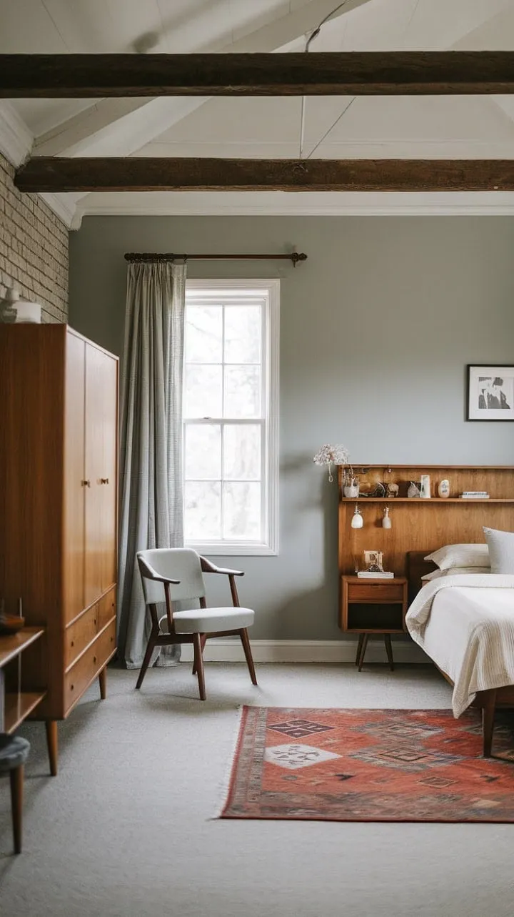 This serene bedroom blends farmhouse warmth with mid-century elegance, creating a stylish sanctuary of comfort and tranquility.