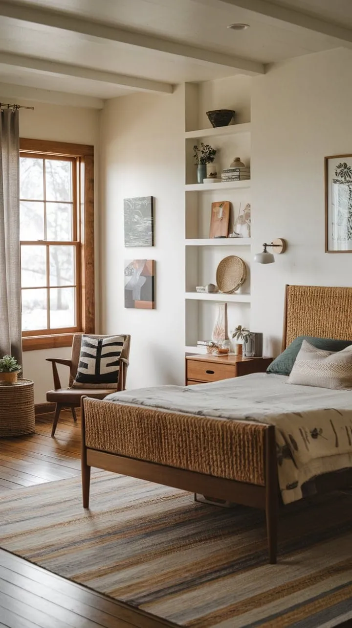 This serene bedroom harmoniously fuses mid-century modern elegance with farmhouse coziness, creating a tranquil retreat bathed in natural light.
