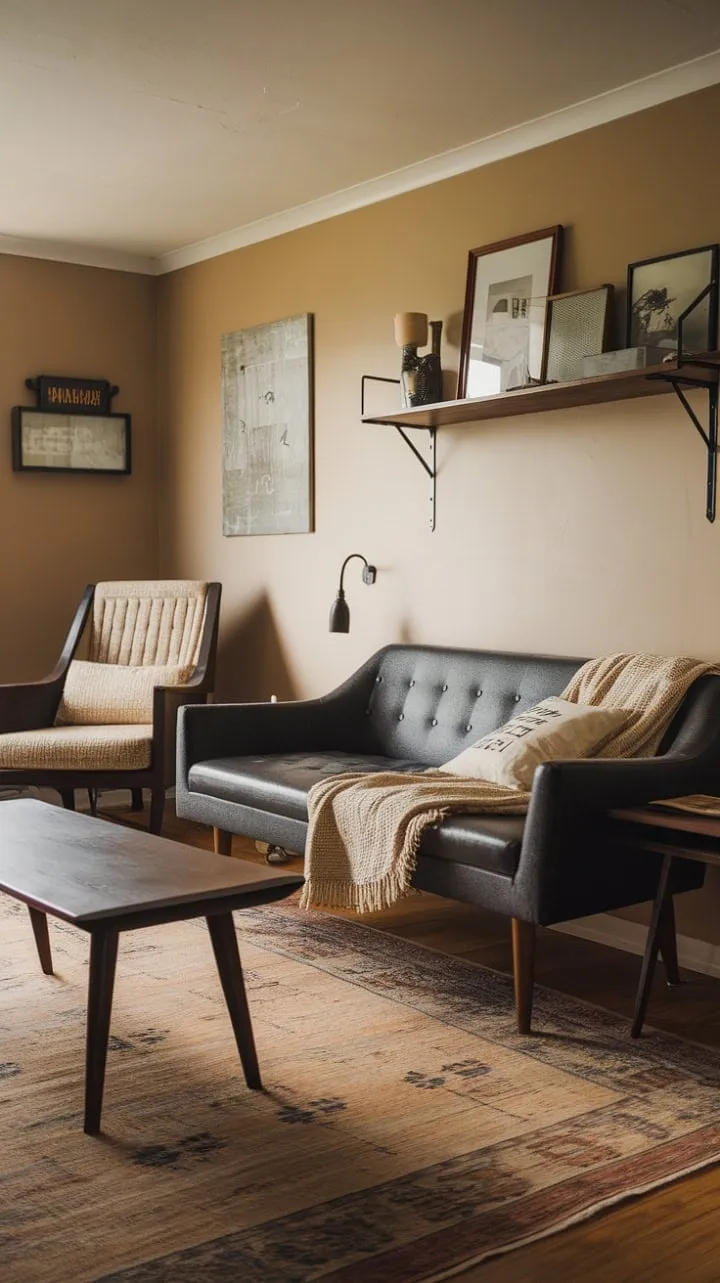 A tranquil haven blends mid-century modern and farmhouse charm, inviting you to unwind amidst muted tones, natural textures, and cherished treasures.