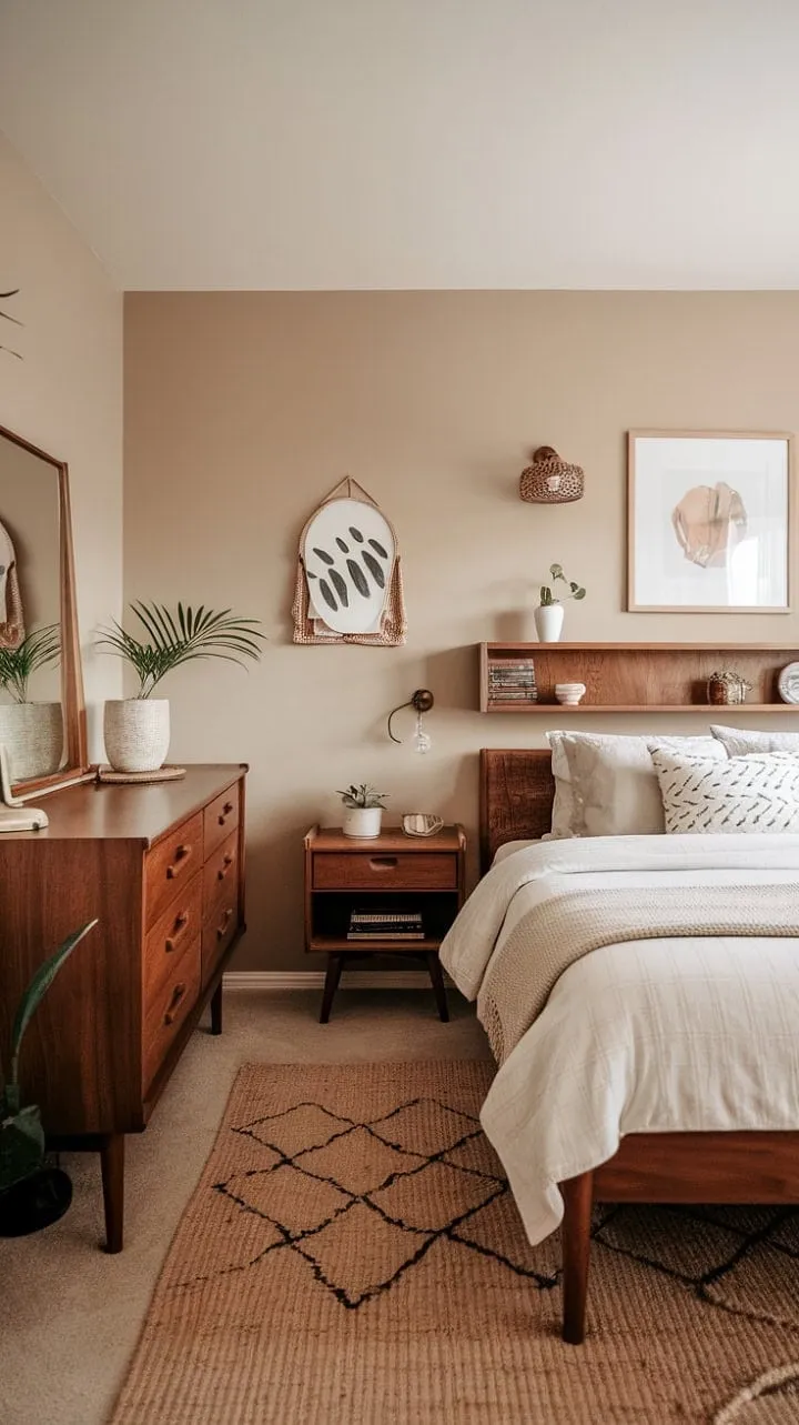 This bedroom harmoniously fuses mid-century modern sleekness with farmhouse warmth, creating a serene retreat for relaxation and rejuvenation.