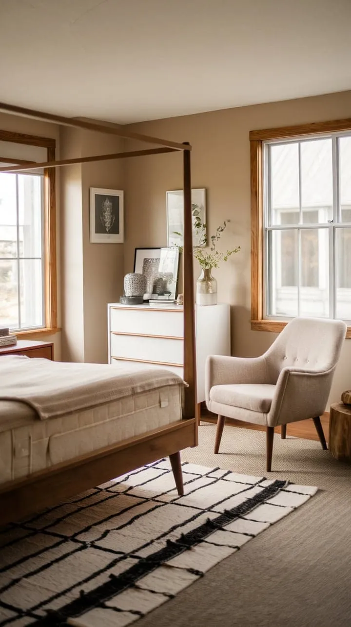 This mid-century modern bedroom harmoniously blends farmhouse charm and cozy elegance, creating a serene retreat with its warm wooden accents and soothing neutral palette.