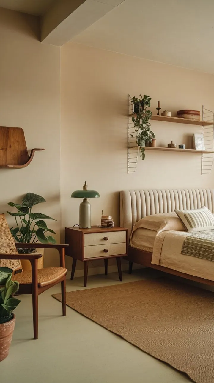 This serene bedroom harmoniously fuses mid-century modern elegance with rustic farmhouse charm, creating a tranquil retreat adorned in soothing neutrals and vibrant greens.