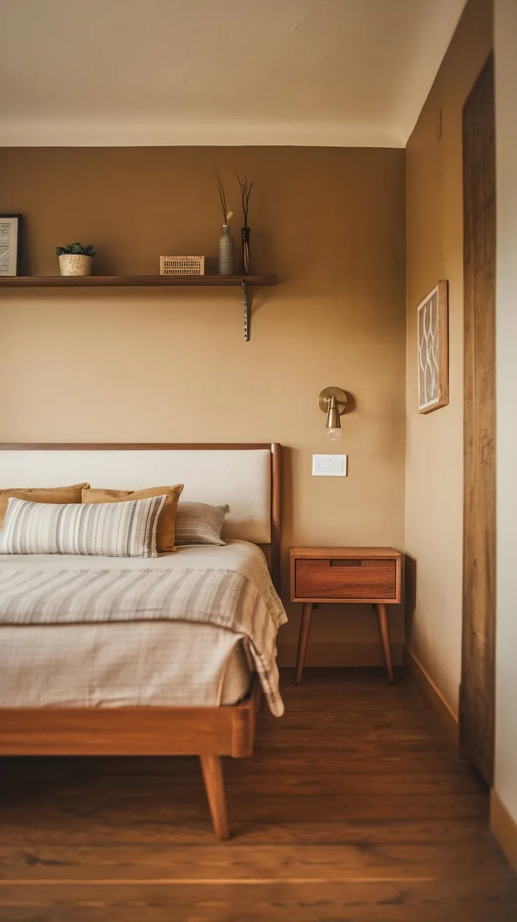 Warm beige walls and wooden accents create a cozy mid-century modern bedroom with a touch of farmhouse charm