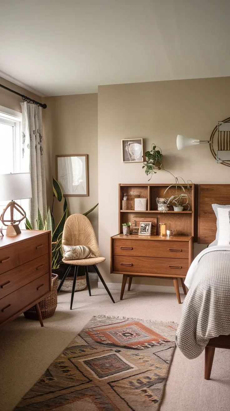 A calm mid-century modern bedroom blends farmhouse charm with Scandinavian influences, creating a cozy and eclectic space.