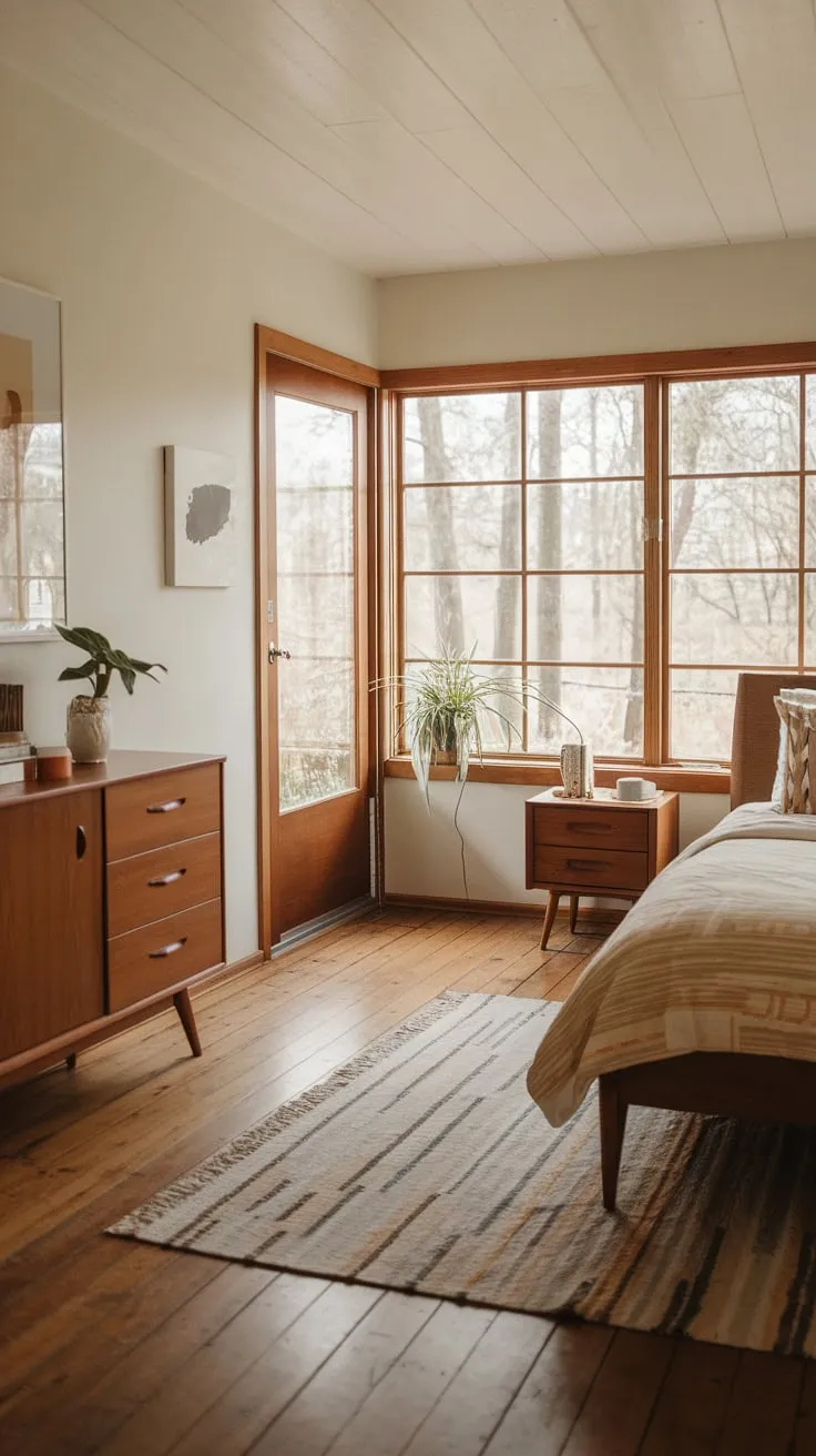 Calm and cozy, a mid-century modern bedroom blends classic furniture with natural light and a farmhouse feel.