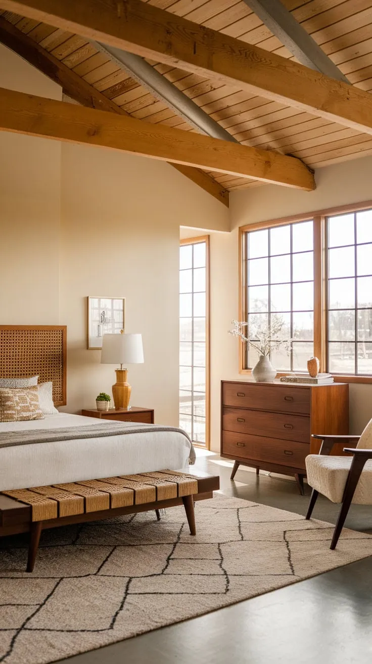 Warm beige walls and natural wood accents create a serene mid-century modern bedroom with farmhouse charm.
